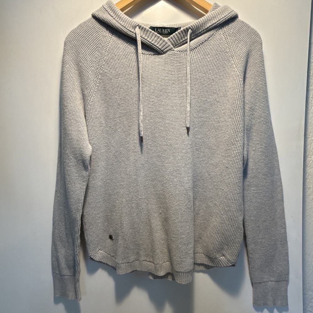 Lauren Ralph Lauren Waffle Knit Hoodie Womens Large Gray Excellent Cotton Cozy